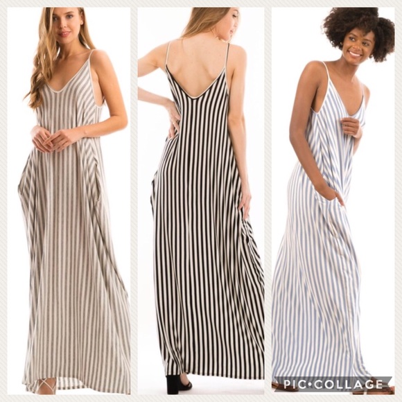 1 Left!! Too Cute! Denim Blue & Cream Stripe Dress - Picture 3 of 5